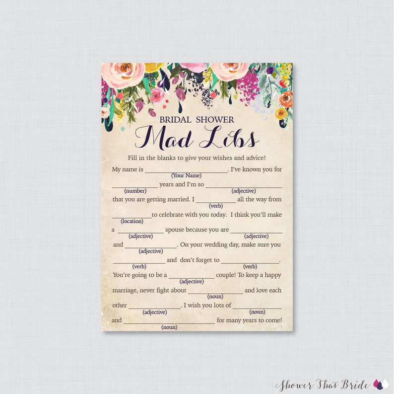 Floral Bridal Shower Mad Libs Game Printable Colorful Flower Etsy Floral Bridal Shower Mad Libs Game Printable Colorful Flower Etsy