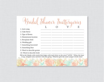 Beach Themed Bridal Shower Scattergories Game - Printable Coral and Aqua Nautical Scattergories Game - Nautical Bridal Shower Game 0012-C