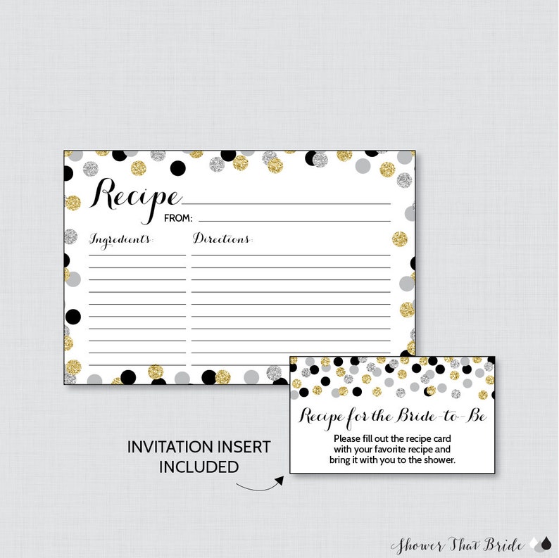 Printable Black Silver and Gold Bridal Shower Recipe Card and Invitation Insert Glitter Recipe Cards 0001-K Black and Gold Recipe Cards