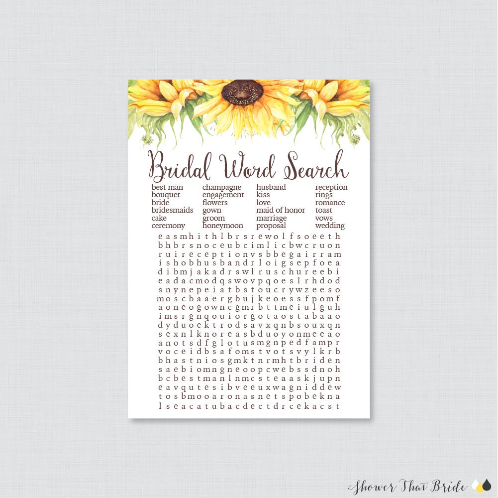 sunflower bridal shower word search printable rustic
