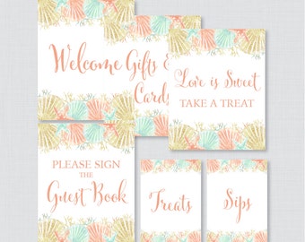 Nautical Bridal Shower Table Signs - Printable Coral and Aqua Beach Themed Bridal Shower Decorations - Welcome Sign, Favors Sign, etc 0012-C