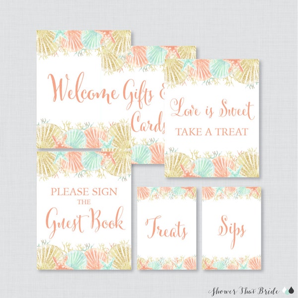 Nautical Bridal Shower Table Signs - Printable Coral and Aqua Beach Themed Bridal Shower Decorations - Welcome Sign, Favors Sign, etc 0012-C