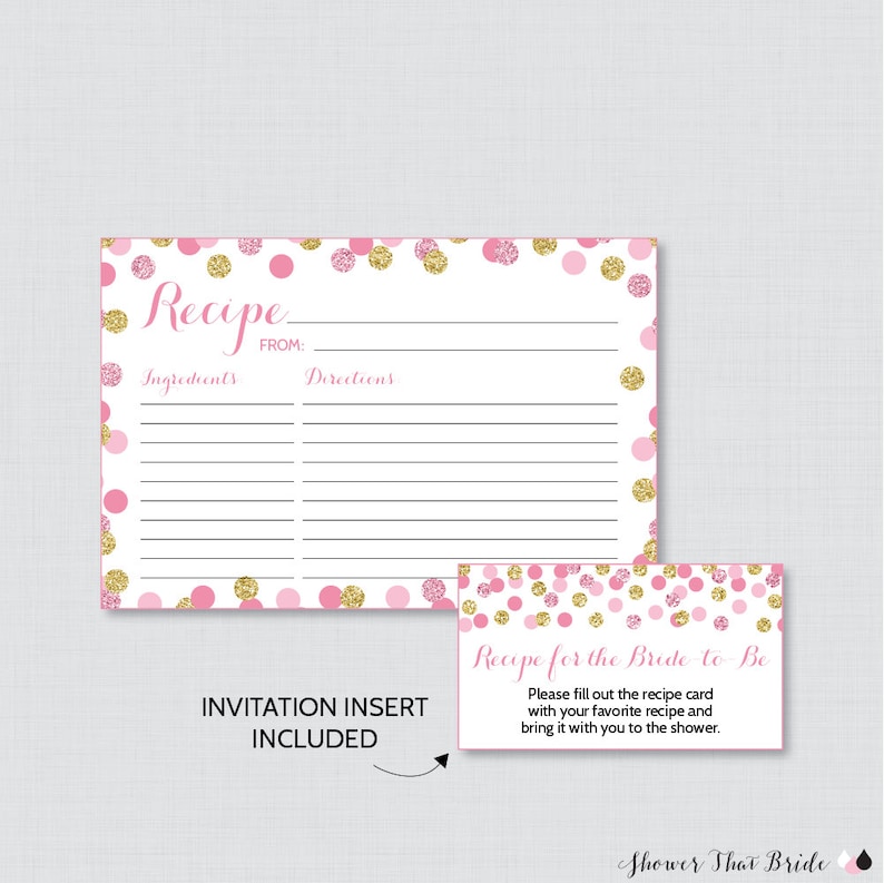 Gold Glitter Recipe Cards 0001-P Pink and Gold Recipe Cards Printable Pink and Gold Bridal Shower Recipe Card and Invitation Insert