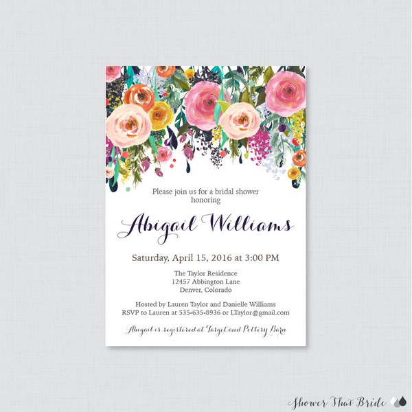 Bridal Shower Invitation Printable or Printed - Floral Bridal Shower Invites - Shabby Chic Colorful Flowers Garden Bridal Shower 0002-B