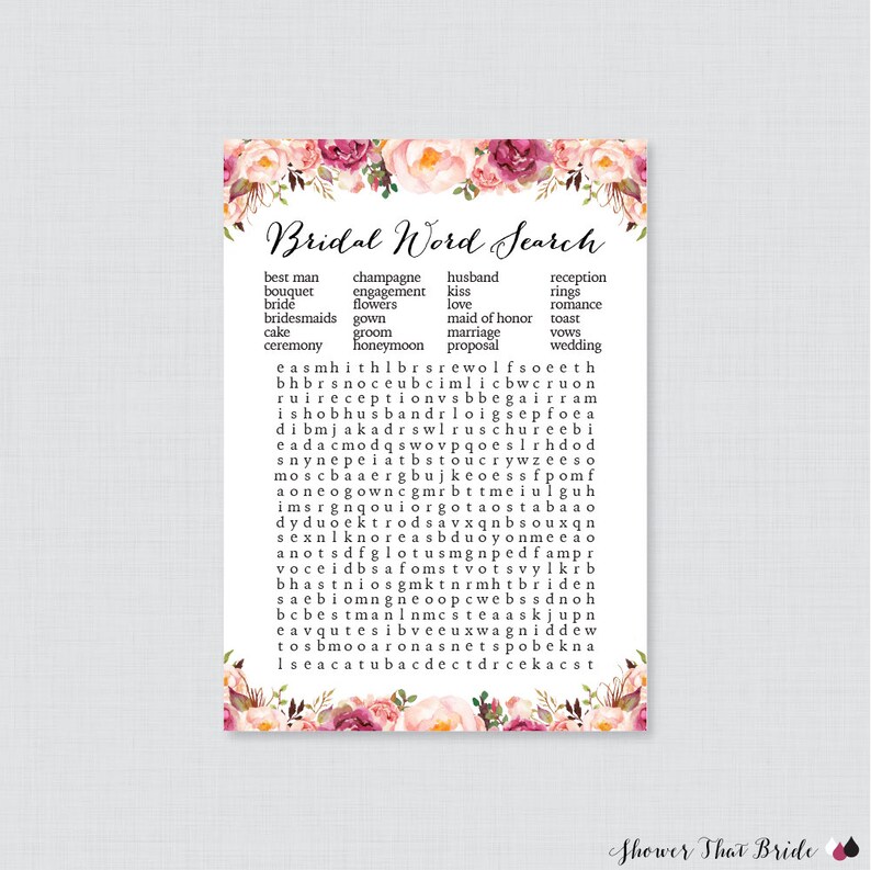 rustic pink floral bridal shower word search printable pink etsy