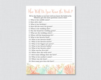 Beach Themed Bridal Shower How Well Do You Know the Bride To Be Game - Printable Coral and Aqua Nautical Bridal Shower 0012-C