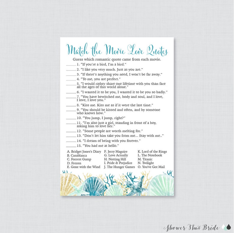 Movie Love Quote Match Game Printable Nautical Bridal Shower Etsy