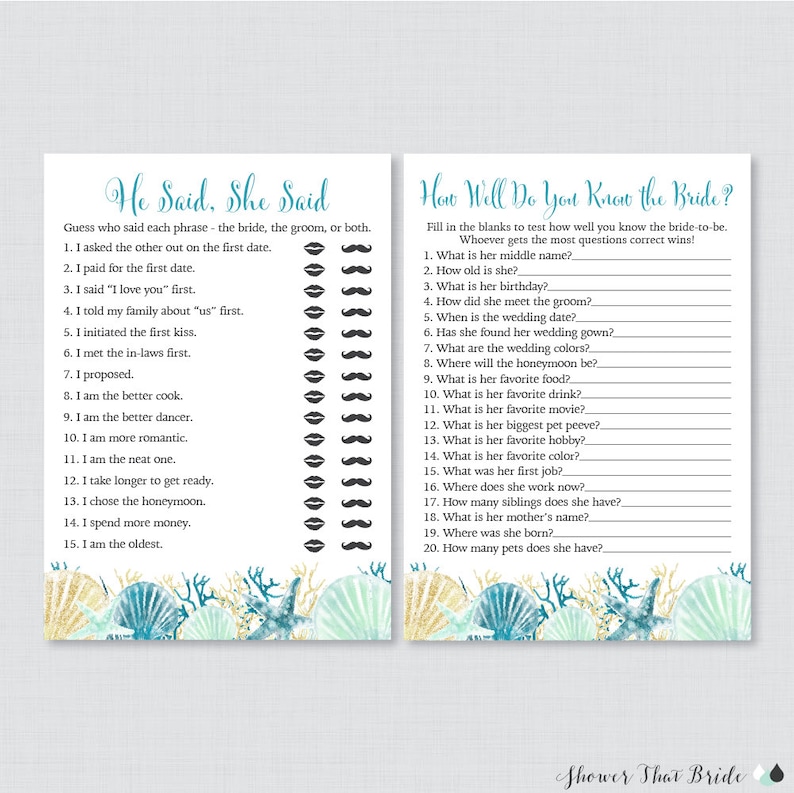 Beach Themed Bridal Shower Games Package With Six Games Etsy