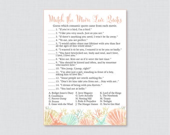 Movie Love Quote Match Game - Printable Nautical Bridal Shower Movie Quote Game - Coral and Aqua Beach Themed Bridal Shower Game - 0012-C