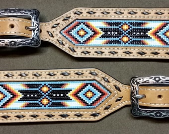 Spur Straps - Leather, Inlaid Beading, Buckstitched, Native American Theme