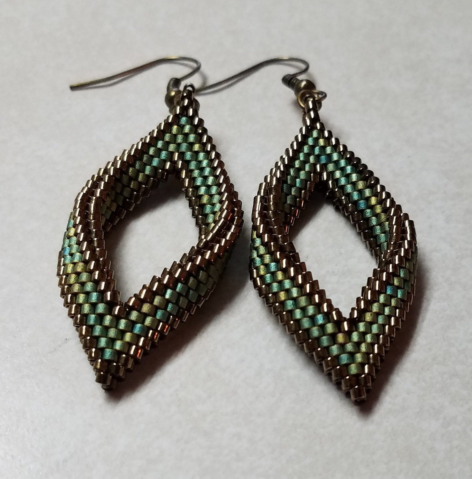 Folded Peyote Beaded Earrings in Green and Bronze Russian Etsy