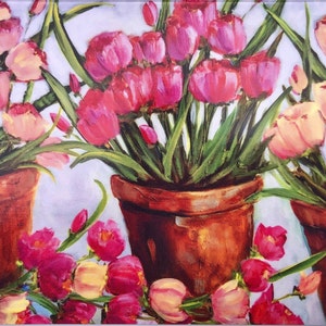 Note cards, Pink Tulips note cards, Glossy Pink flower stationery, blank inside, Floral greeting card set, Tulip art, tulips