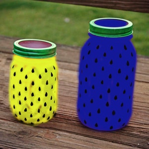 May include: Two glass jars painted to look like watermelons. One jar is yellow with black watermelon seeds and the other is blue with black watermelon seeds.