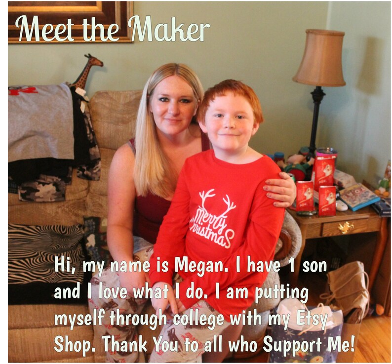 May include: A woman and a young boy sit on a couch. The woman is wearing a maroon shirt and the boy is wearing a red shirt with the text "Merry Christmas". The woman is smiling and the boy is looking at the camera. The text "Meet the Maker" is at the top of the image. The text "Hi, my name is Megan. I have 1 son and I love what I do. I am putting myself through college with my Etsy Shop. Thank You to all who Support Me!" is at the bottom of the image.
