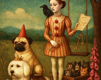 Könnte beinhalten: Eine surreale Illustration zeigt eine Person in einem gestreiften Kleid mit einer Krähe, Schlüsseln und einer Karte. Ein Mops mit Partyhut sitzt auf einem Hund mit Krone, der einen Wagen mit Katzen zieht. Eine traumhafte, skurrile Szene.