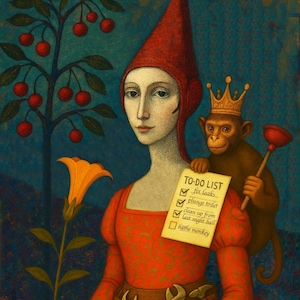 May include: An artistic painting depicts a person in a red dress and hat, holding a flower. A monkey wearing a crown and holding a plunger is on the person's shoulder. A to-do list is visible. A tree with cherries is in the background.