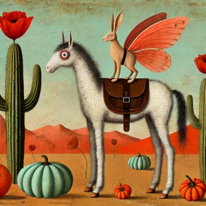 Yee Haw. geflügelte Hase auf Pferd Karte - skurrile Fantasy Grußkarte, surreale Tierillustration, magische Wüstenszene
