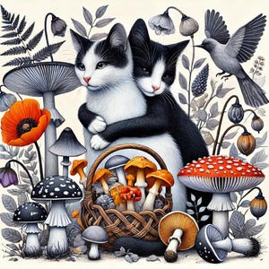 Seja meu felino, cartão de arte caprichoso/cartão de felicitações com gatos e flores