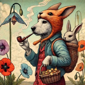 On Our Way to Wunderland, Whimsical Art Card, Weihnachtskarte, Blanko Karte, Tierkarte, Hundekarte, Karte mit Blumen und Mohnblumen, Hasenkarte