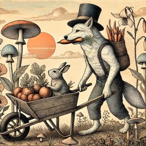 Carte d'art sylvestre lunatique récolte lune, renard et lapin dans une forêt de champignons
