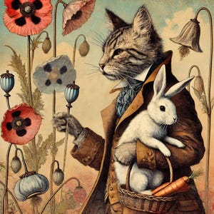 Auf der Suche nach Evermore. Viktorianische Katze mit Kaninchen Karte, wunderliche Tierkunst, Anthropomorphe Katze, Vintage-inspirierte Naturkarte, innen leer