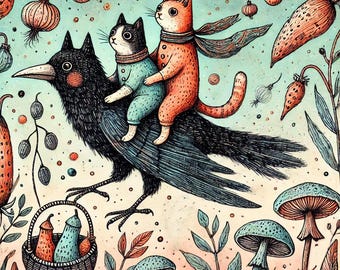 Könnte beinhalten: Skurrile Illustration von zwei Katzen, die auf einer schwarzen Krähe durch eine fantastische Landschaft reiten. Die orange Katze trägt einen Schal, die schwarz-weiße Katze einen blauen Anzug. Im Hintergrund Karotten, Pilze und ein Korb mit Produkten.