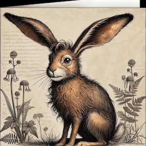 May include: A detailed illustration of a hare with long ears, brown fur, and a curious expression. The hare is surrounded by stylized plants and grasses, set against a parchment-like background with faint script. The artwork has a vintage, botanical illustration style.