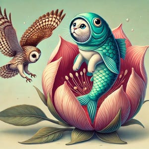 Sueño de loto, secuencia n.° 9, tarjeta de gato con traje de pez, arte de búho y loto, ilustración animal caprichosa, tarjeta de felicitación en blanco