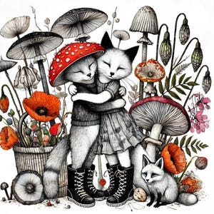 Hugging Cats-wenskaart - Mushroom Forest Friends-grappige dierenkunst-blanco kaart voor elke gelegenheid