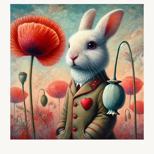 Kaufen Sie das Ticket, nehmen Sie die Fahrt, Bunny and Poppy Print, surrealer Kunstdruck.