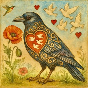 Chantez Morning Light to Be. Impression de corbeau et de coeurs, d'oiseaux et de coquelicots