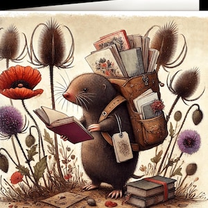 Puede incluir: Ilustración de un topo leyendo un libro, con una mochila llena de libros. La escena incluye amapolas rojas, cardos morados y una pila de libros en el suelo. La obra de arte tiene una estética vintage de libro de cuentos.