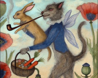 Könnte beinhalten: Illustrierte Karte mit einer katzenartigen Kreatur in einer blauen Jacke, die ein Kaninchen und einen Korb mit Karotten und Münzen trägt. Die Katze raucht eine Pfeife, inmitten roter Mohnblumen und anderer Blumen.