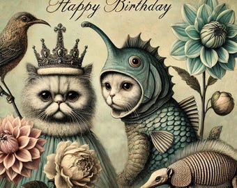 Könnte beinhalten: Eine illustrierte Geburtstagskarte mit dem Text "Happy Birthday" in eleganter Schrift. Das Bild zeigt zwei Katzen, eine mit Krone und die andere in einem Fischkostüm, zusammen mit einem Vogel, Blumen und einem Gürteltier. Die Farbpalette umfasst sanfte Blau-, Rosa- und Cremetöne.
