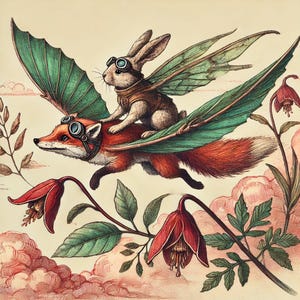 Carte Au bord du gouffre, lapin volant et renard - carte de voeux aventure animal fantaisiste-art fantastique-vierge à l'intérieur