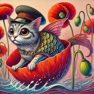 Where Art Thou, Macdougal Douglas, wunderliche Kunstkarte/Grußkarte, Katzenkarte, Mohnblumen, Ozeansegeln