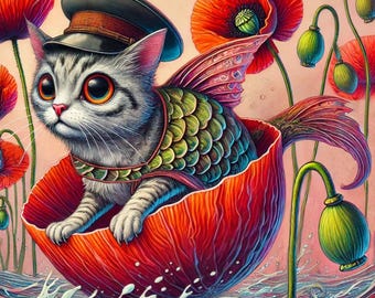 Könnte beinhalten: Fantastische Illustration einer Katze mit großen Augen, die einen Hut und eine schuppenartige Weste trägt und in einer roten Mohnblume sitzt. Die Katze hat Flügel und einen Fischschwanz. Der Hintergrund zeigt rote Mohnblumen und Wasser.