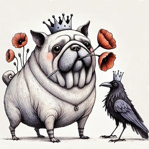 Mops auf Parade, Grußkarte/Grußkarte mit Mops, Mohnblumen und Krähe