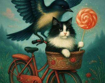 Könnte beinhalten: Eine skurrile Illustration einer schwarz-weißen Katze, die in einem Korb auf einem roten Fahrrad sitzt und einen Lolli hält. Ein blauer Vogel fliegt darüber. Die Szene spielt in einem türkisfarbenen Wald.