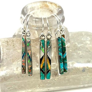 Linear Gemstone Inlay Earrings, Modern Inlay Earrings, Minimalist Gemstone Earrings, Celestial Opal Earrings, Turquoise Inlay Earrings