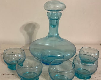 Vintage MCM Aqua UCAGCO Italian Glass Decanter 6 Cordial Glasses Blue.
