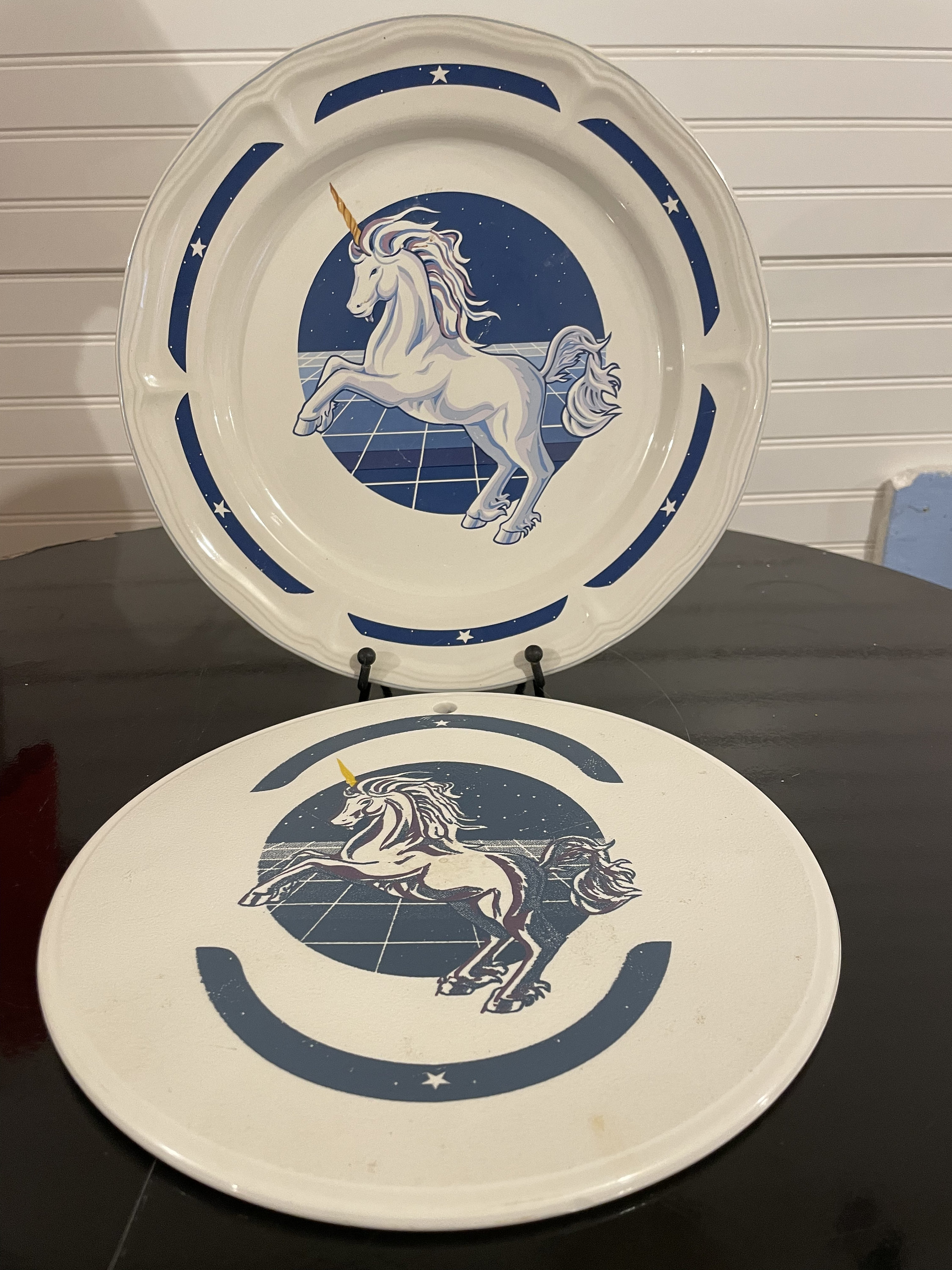 Rare Unicorn and Stars 1980s Tienshan Stoneware Platter and