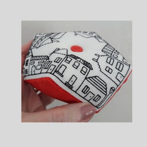 Biscornu Pincushion of Houses cross stitch pattern with detailed construction photographs