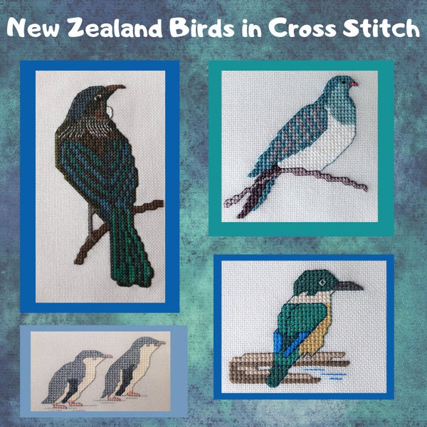 New Zealand Birds in Cross Stitch - Tui - Kereu - Kingfisher - Little Blue Penguins