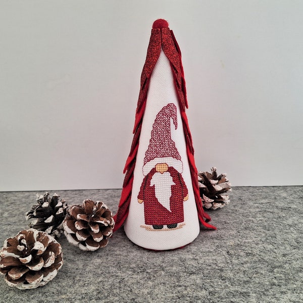 Christmas cross stitch Gnome pattern displayed on a polystyrene cone