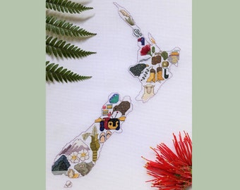 New Zealand Map with icons cross stitch pattern - instantly downloadable