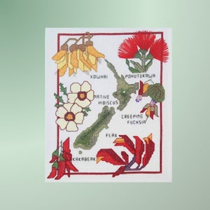 Nieuw-Zeelandse kruissteekkaart/Nieuw-Zeelandse bloemen kruissteekpatroon/kiwi-kruissteek