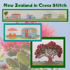 Pohutukawa Tree - Retro Caravan - row of Classic Baches cross stitch patterns- New Zealand in Cross Stitch downloadable patterns