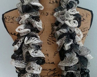 Ruffle Scarf, Black, White, Grey, Frilly Scarf, Crochet, Handmade, Lace Scarf--FREE SHIPPING