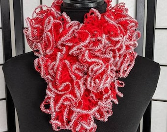 Bufanda de volantes rojos y plateados, bufanda con volantes - ENVÍO GRATIS